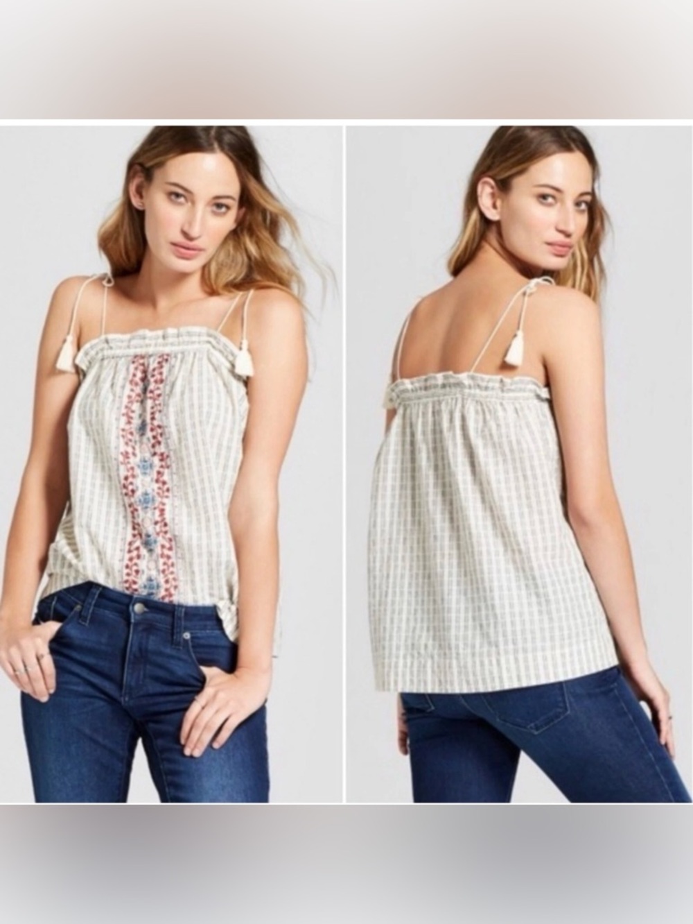 Universal Thread Stripe Embroidered Tassel Tie Strap Tank Top Boho XS Cotton